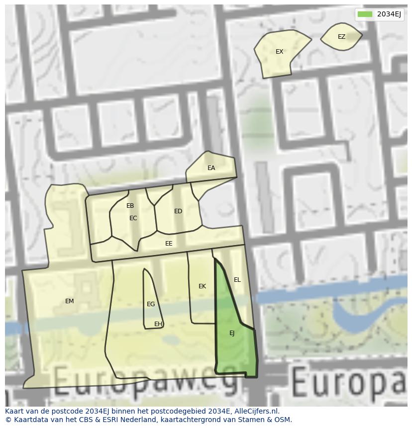 Afbeelding van het postcodegebied 2034 EJ op de kaart.