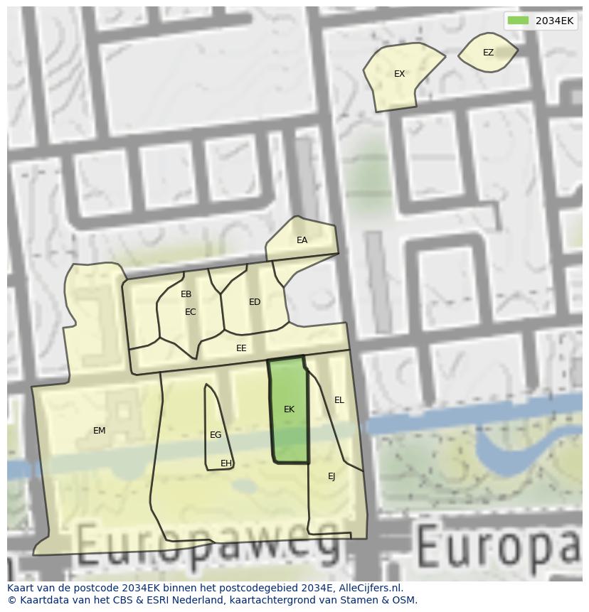 Afbeelding van het postcodegebied 2034 EK op de kaart.