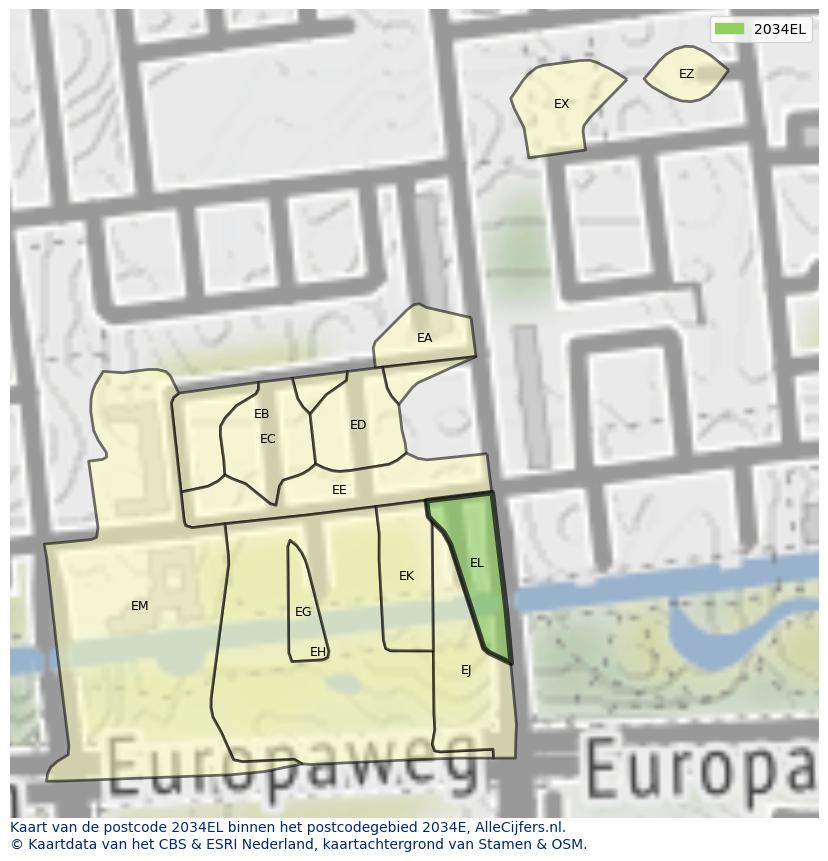 Afbeelding van het postcodegebied 2034 EL op de kaart.