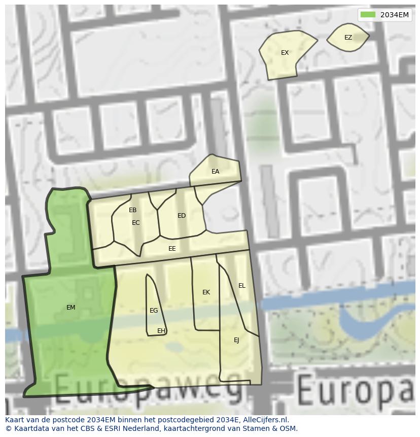 Afbeelding van het postcodegebied 2034 EM op de kaart.