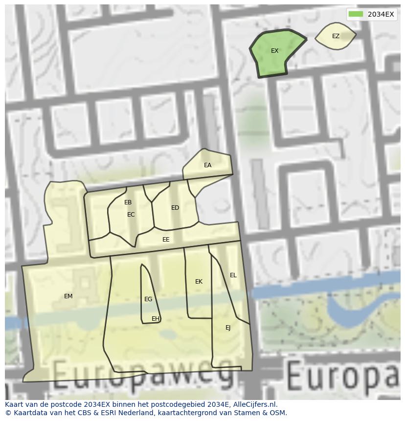Afbeelding van het postcodegebied 2034 EX op de kaart.
