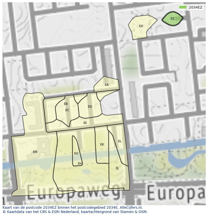 Afbeelding van het postcodegebied 2034 EZ op de kaart.