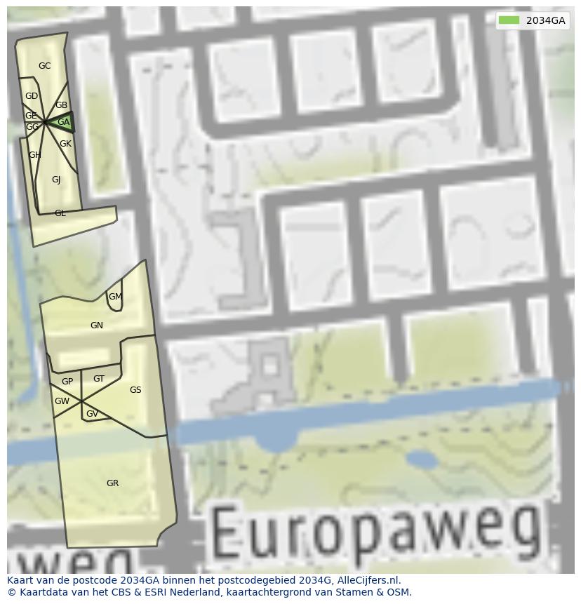 Afbeelding van het postcodegebied 2034 GA op de kaart.