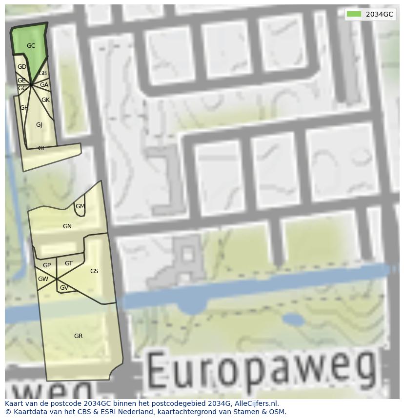 Afbeelding van het postcodegebied 2034 GC op de kaart.