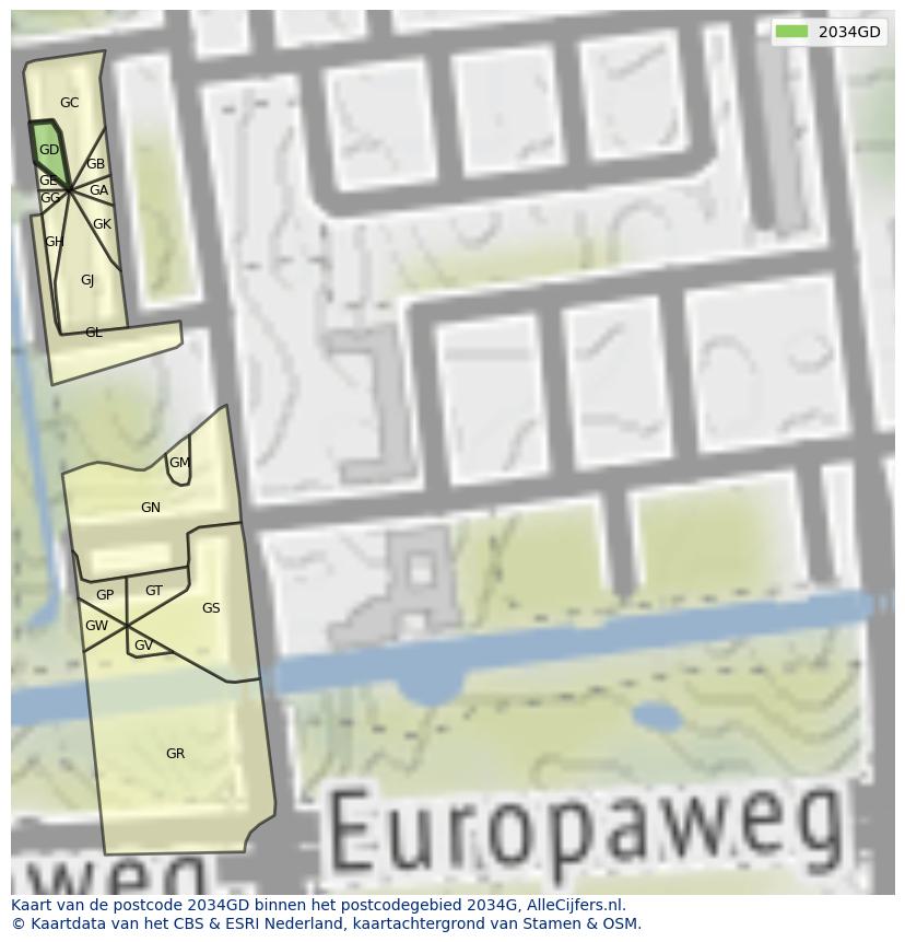 Afbeelding van het postcodegebied 2034 GD op de kaart.