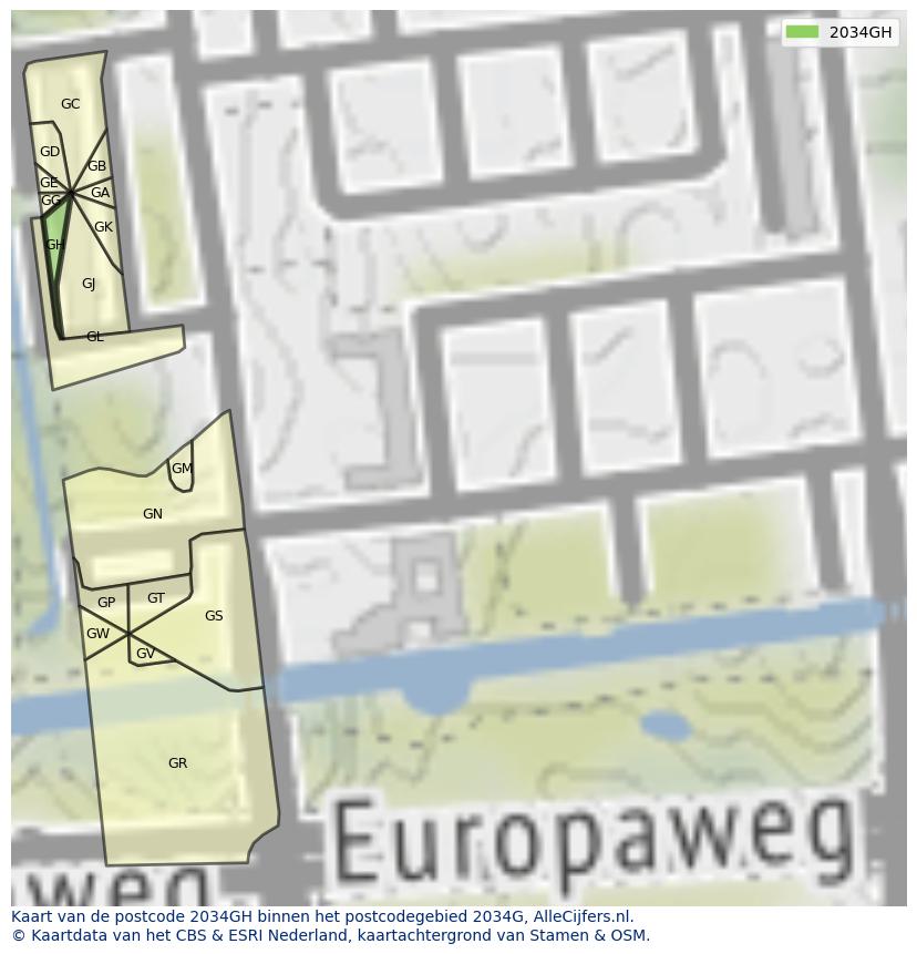 Afbeelding van het postcodegebied 2034 GH op de kaart.