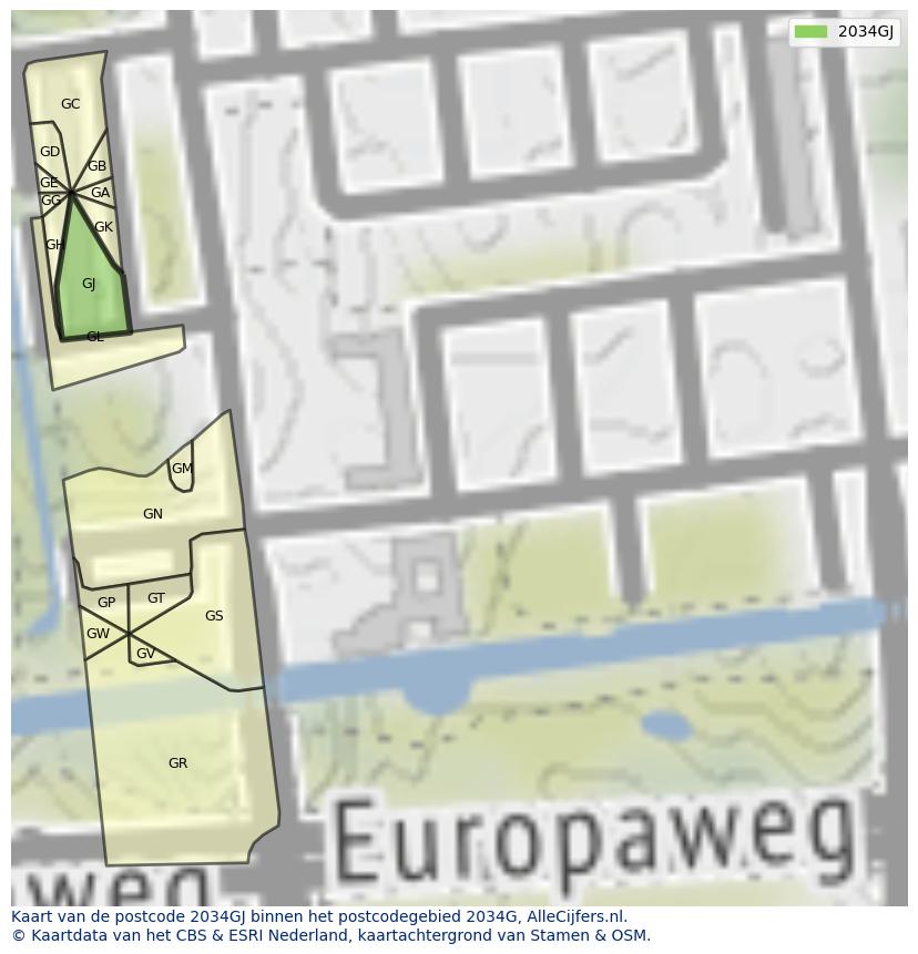 Afbeelding van het postcodegebied 2034 GJ op de kaart.