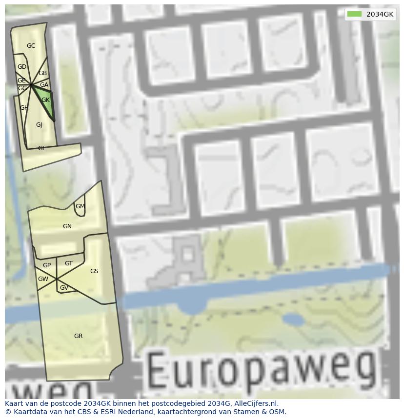 Afbeelding van het postcodegebied 2034 GK op de kaart.