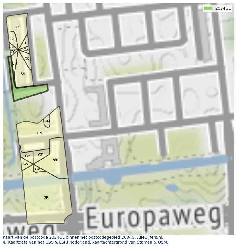 Afbeelding van het postcodegebied 2034 GL op de kaart.