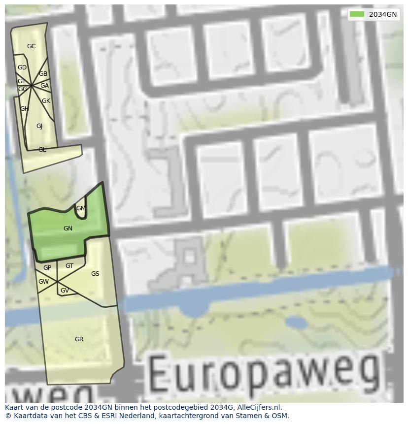 Afbeelding van het postcodegebied 2034 GN op de kaart.