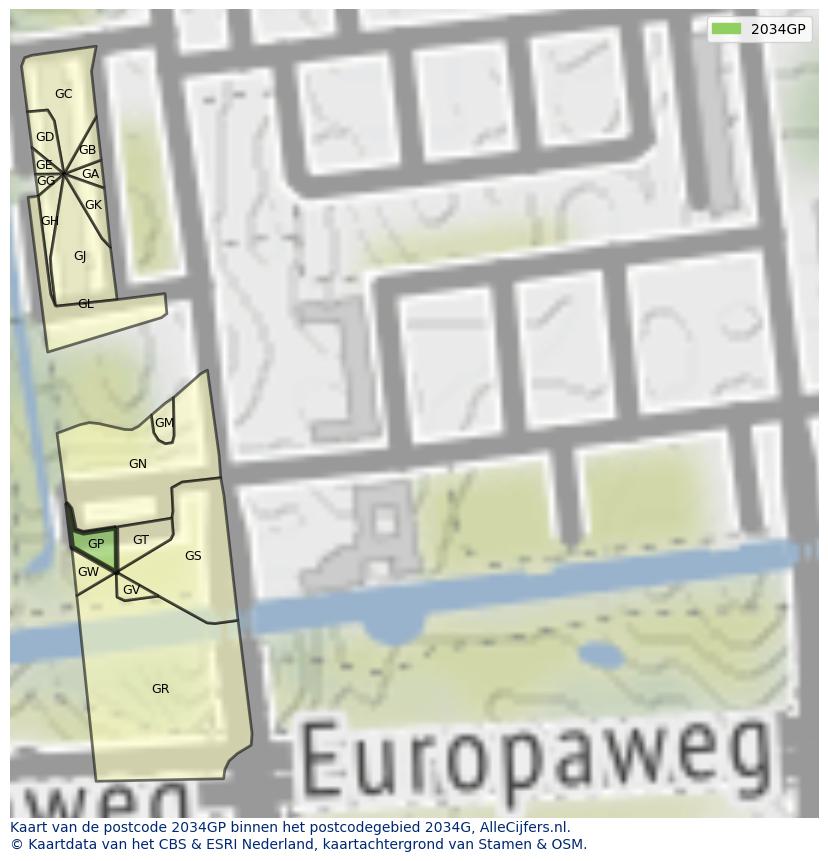 Afbeelding van het postcodegebied 2034 GP op de kaart.