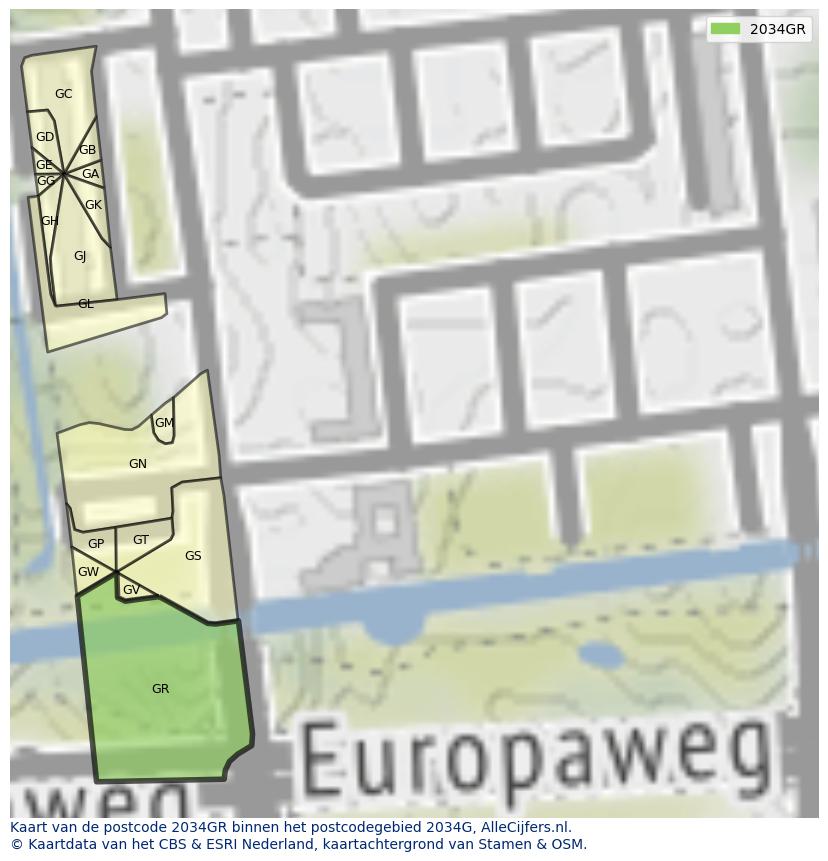 Afbeelding van het postcodegebied 2034 GR op de kaart.