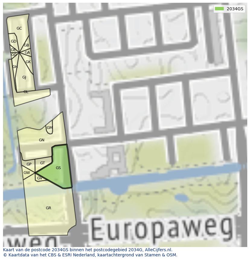 Afbeelding van het postcodegebied 2034 GS op de kaart.