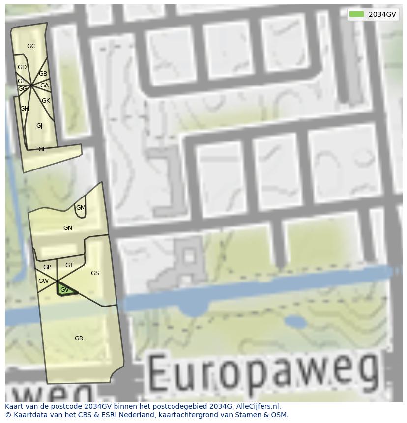 Afbeelding van het postcodegebied 2034 GV op de kaart.