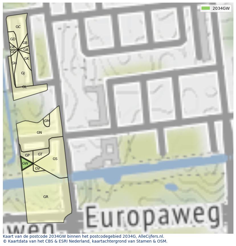 Afbeelding van het postcodegebied 2034 GW op de kaart.