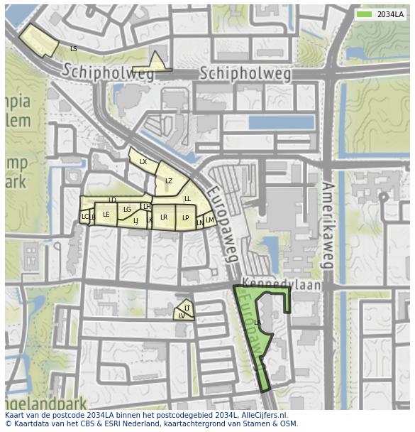 Afbeelding van het postcodegebied 2034 LA op de kaart.