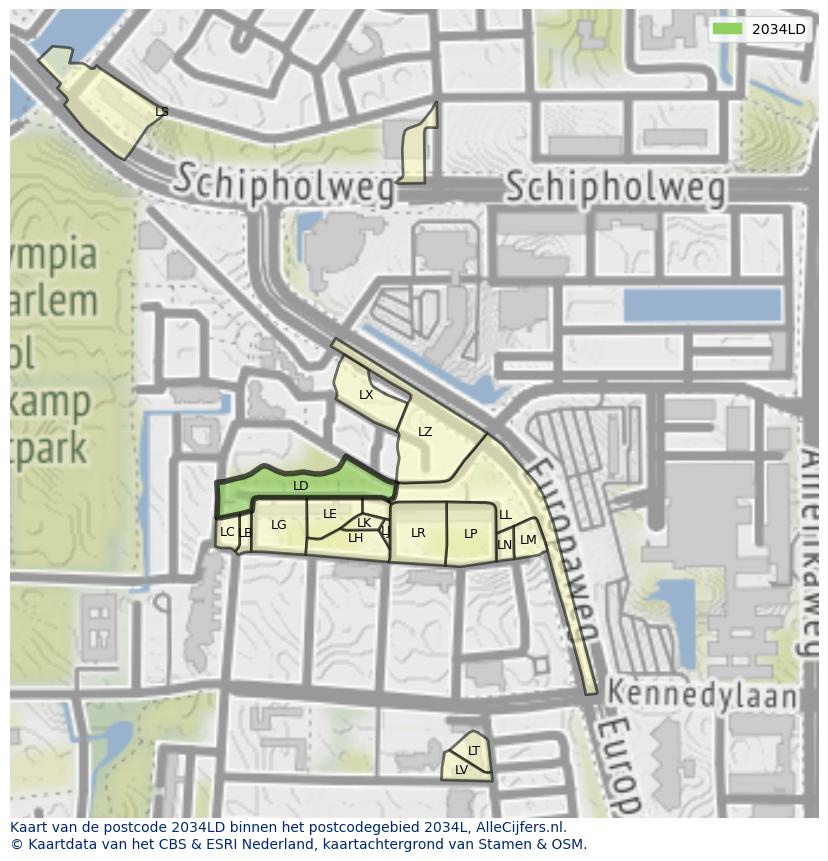 Afbeelding van het postcodegebied 2034 LD op de kaart.