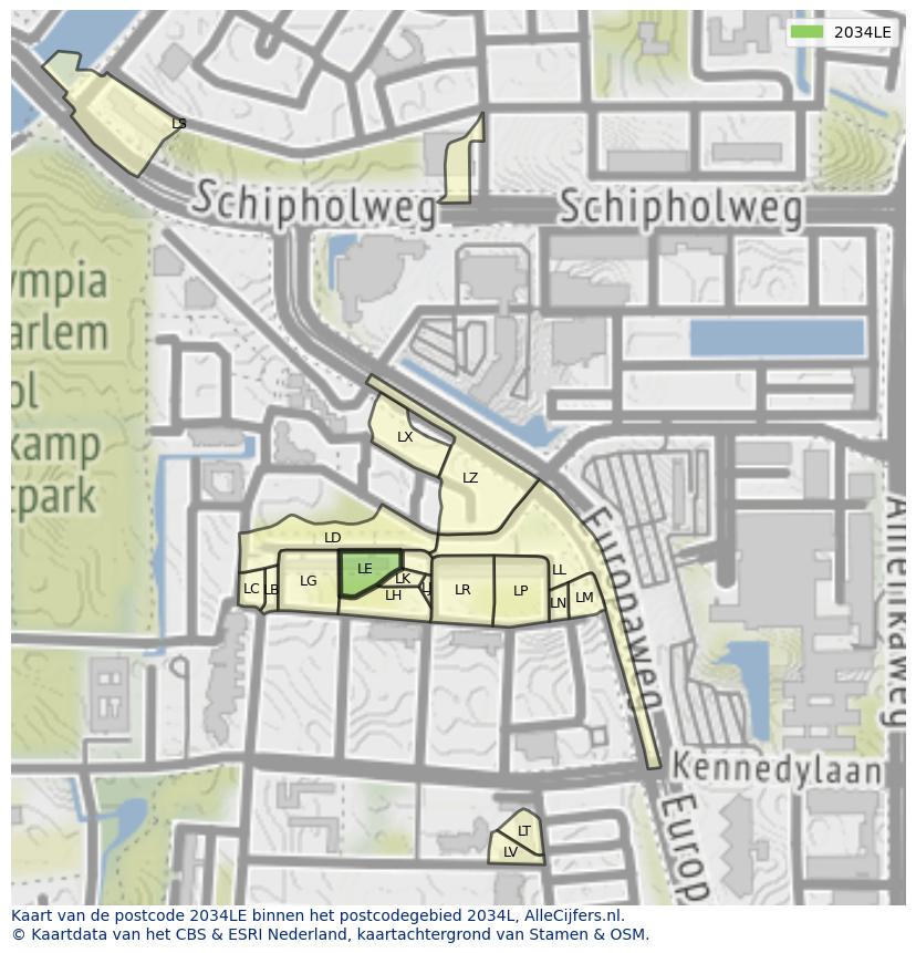 Afbeelding van het postcodegebied 2034 LE op de kaart.