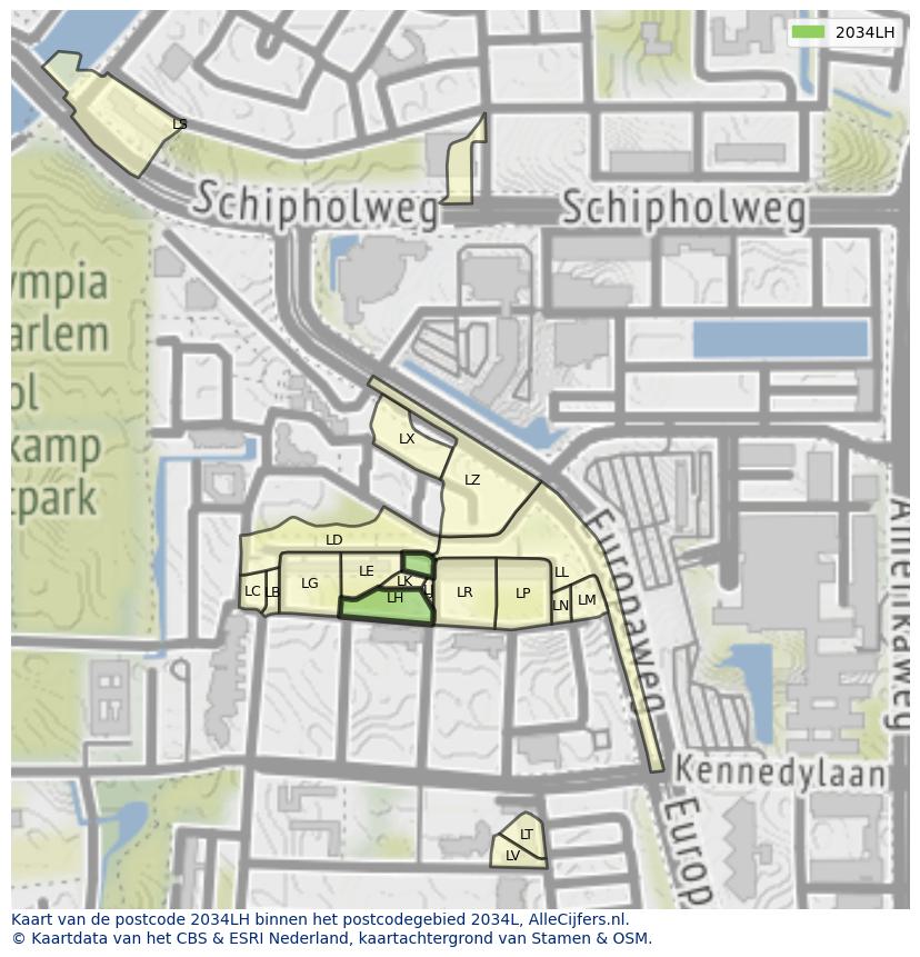 Afbeelding van het postcodegebied 2034 LH op de kaart.
