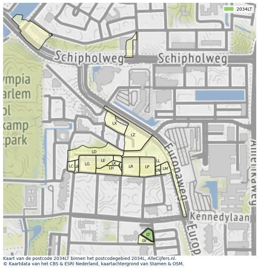 Afbeelding van het postcodegebied 2034 LT op de kaart.