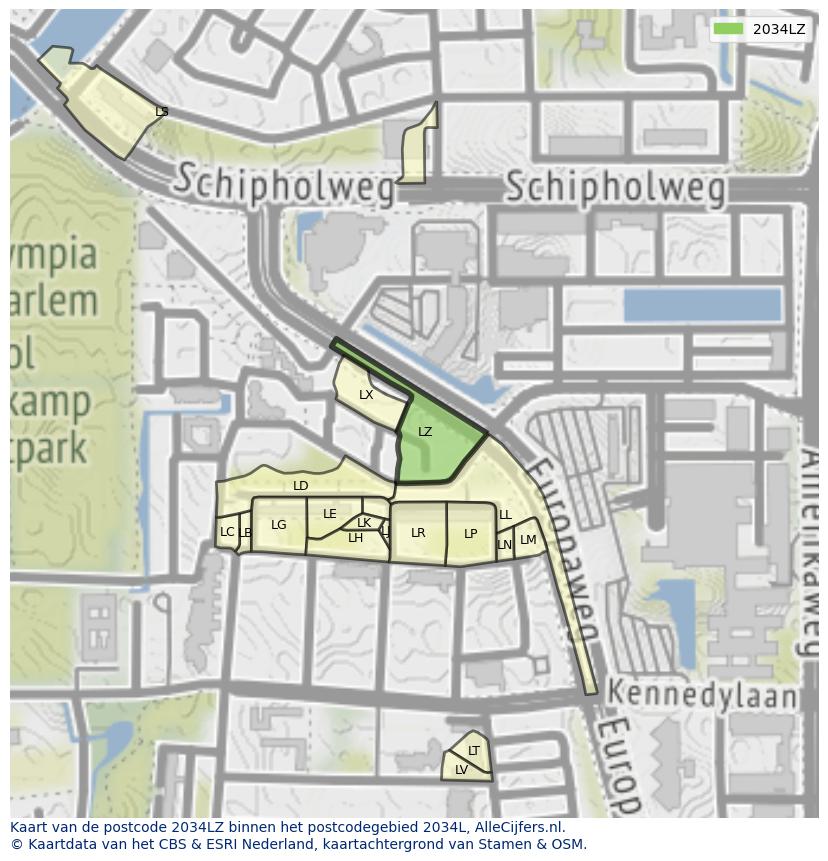 Afbeelding van het postcodegebied 2034 LZ op de kaart.