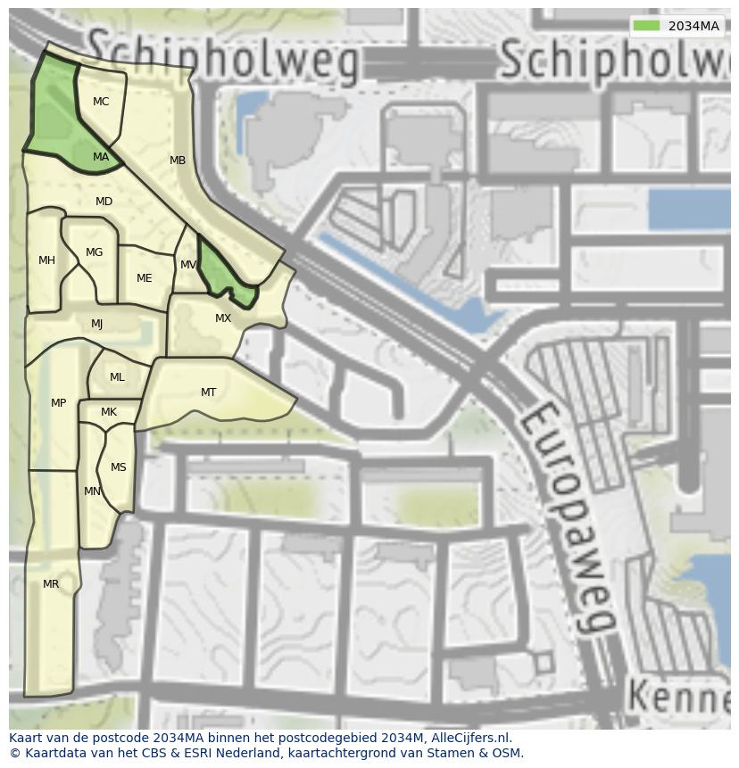 Afbeelding van het postcodegebied 2034 MA op de kaart.