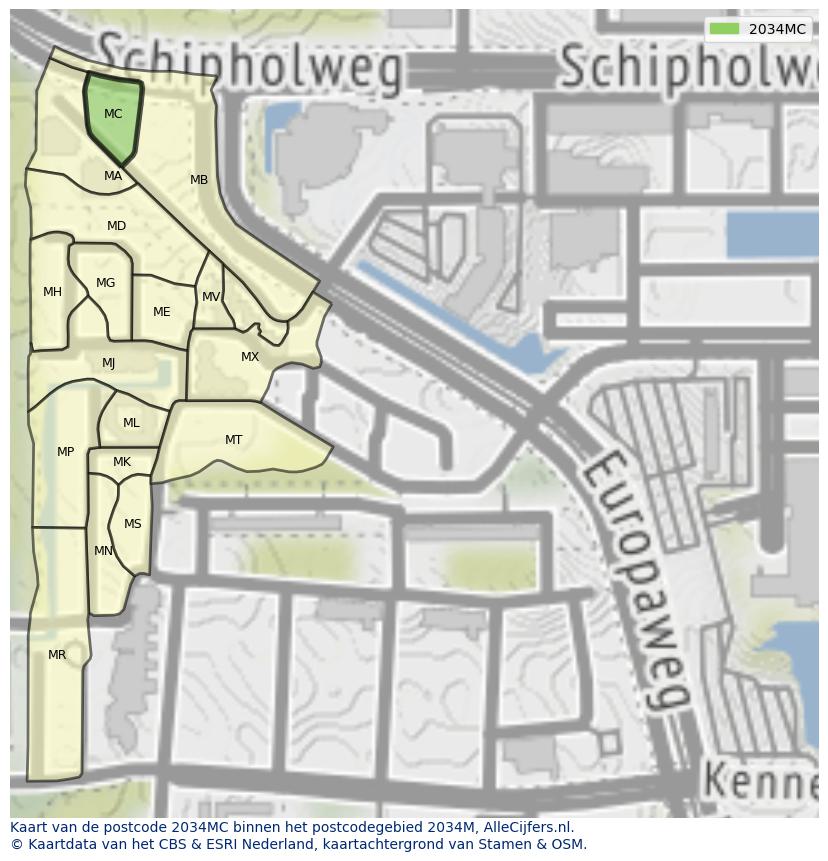 Afbeelding van het postcodegebied 2034 MC op de kaart.