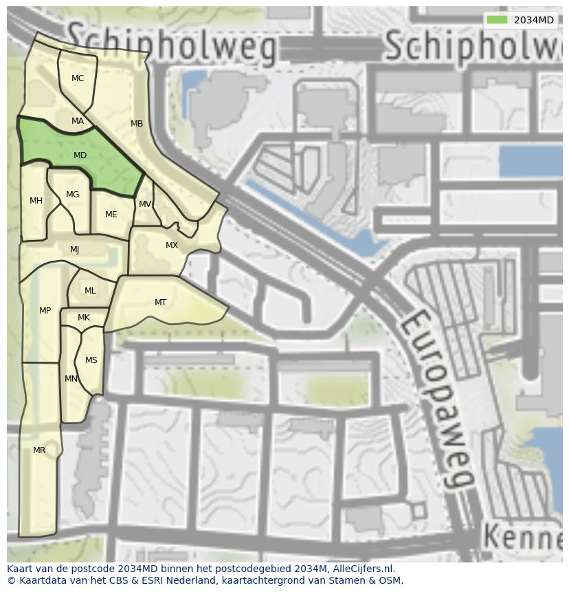 Afbeelding van het postcodegebied 2034 MD op de kaart.