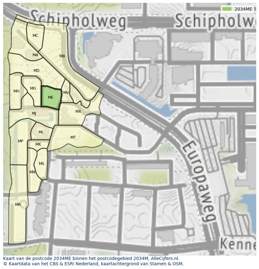 Afbeelding van het postcodegebied 2034 ME op de kaart.