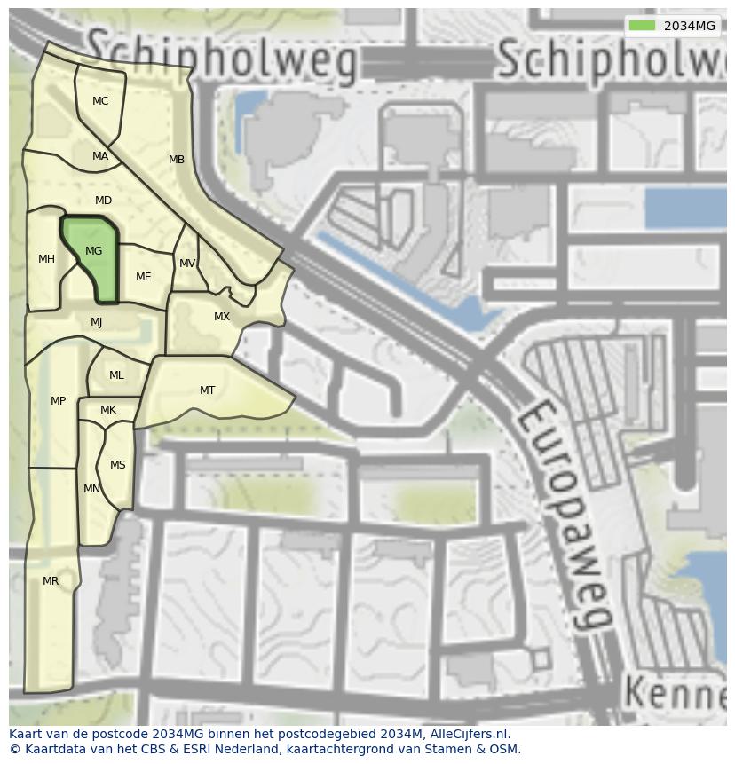 Afbeelding van het postcodegebied 2034 MG op de kaart.