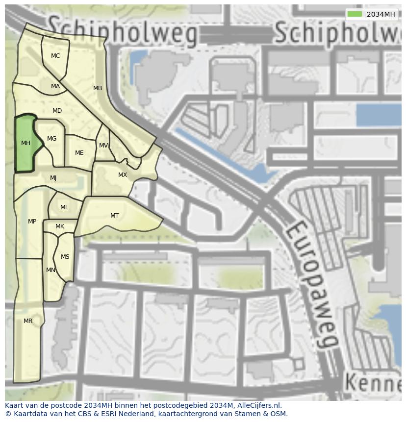 Afbeelding van het postcodegebied 2034 MH op de kaart.