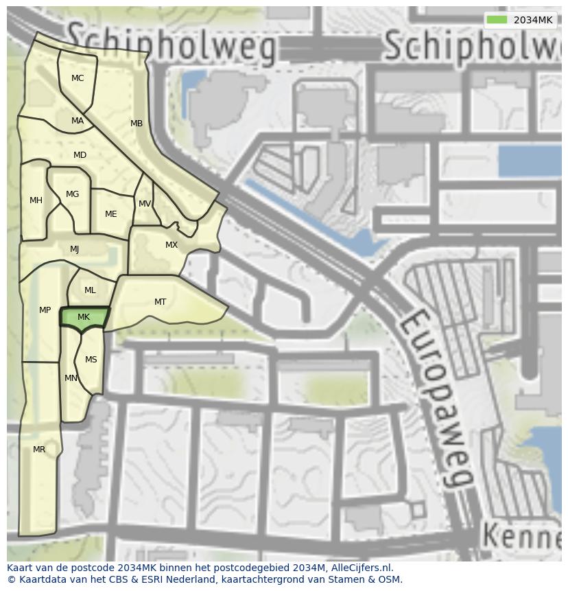 Afbeelding van het postcodegebied 2034 MK op de kaart.