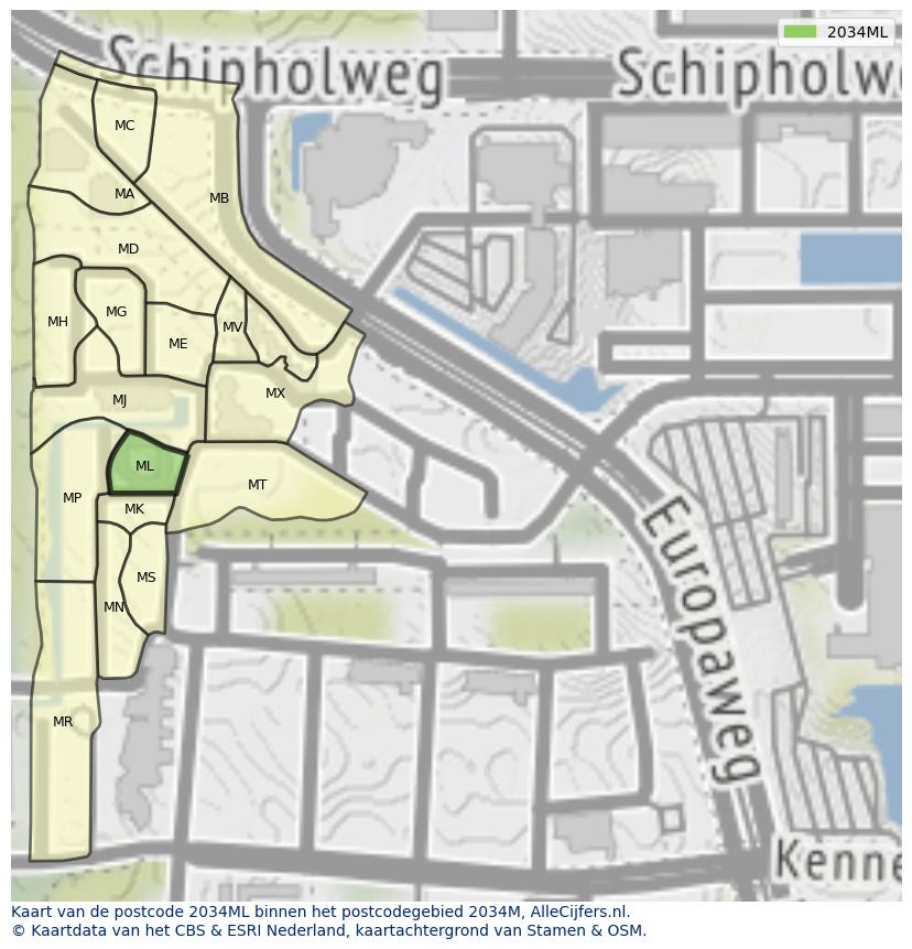 Afbeelding van het postcodegebied 2034 ML op de kaart.