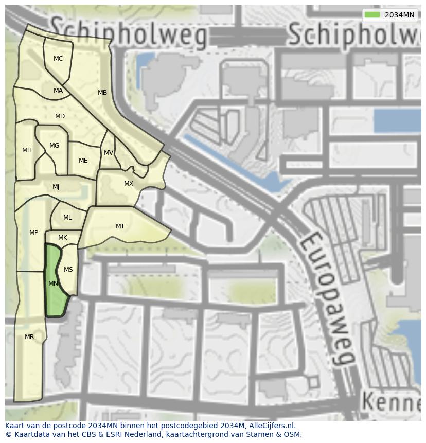 Afbeelding van het postcodegebied 2034 MN op de kaart.
