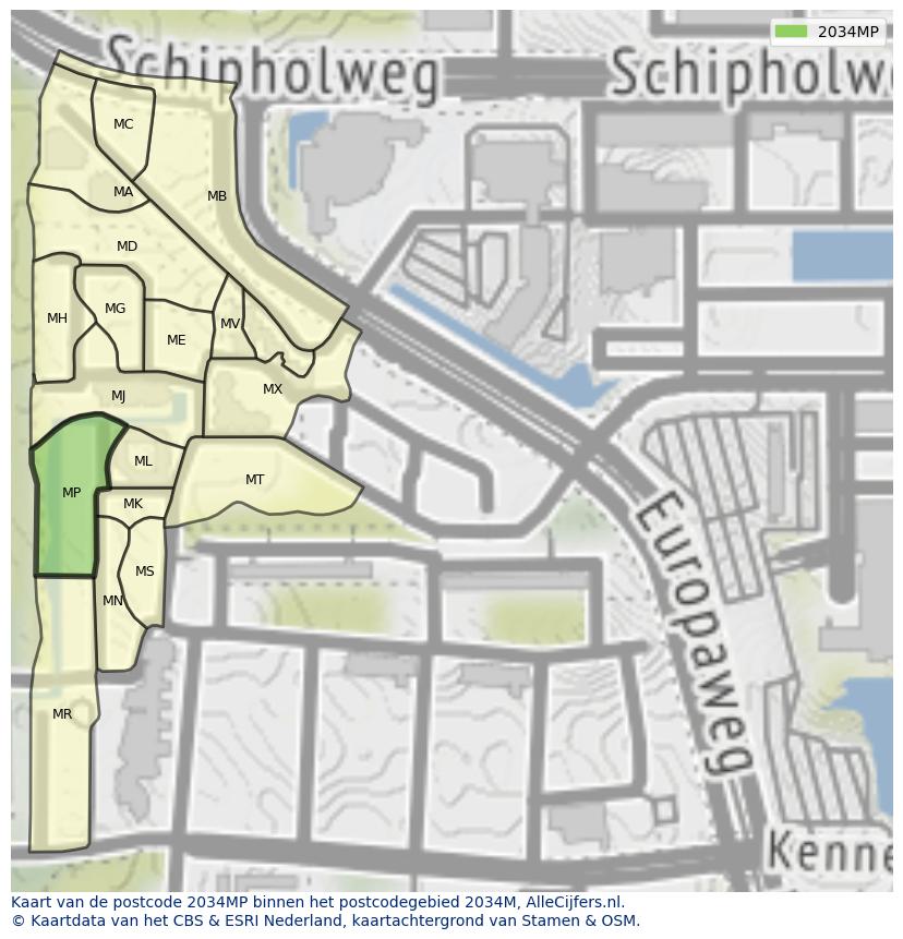 Afbeelding van het postcodegebied 2034 MP op de kaart.