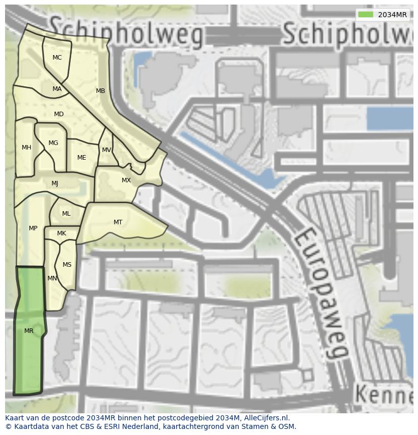 Afbeelding van het postcodegebied 2034 MR op de kaart.