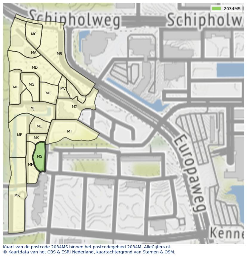 Afbeelding van het postcodegebied 2034 MS op de kaart.