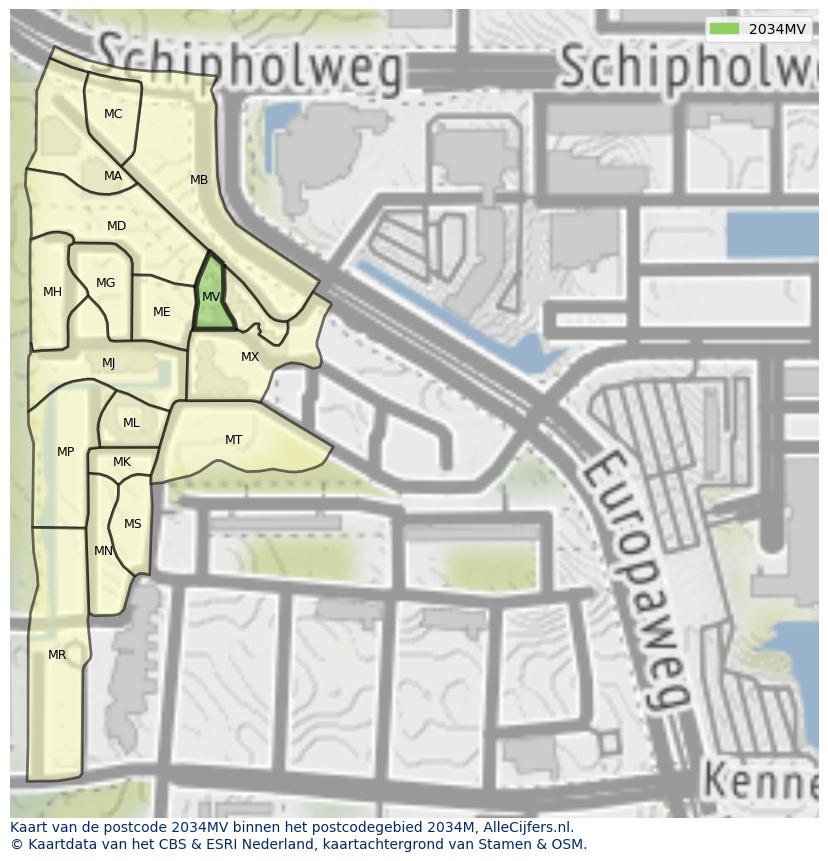 Afbeelding van het postcodegebied 2034 MV op de kaart.