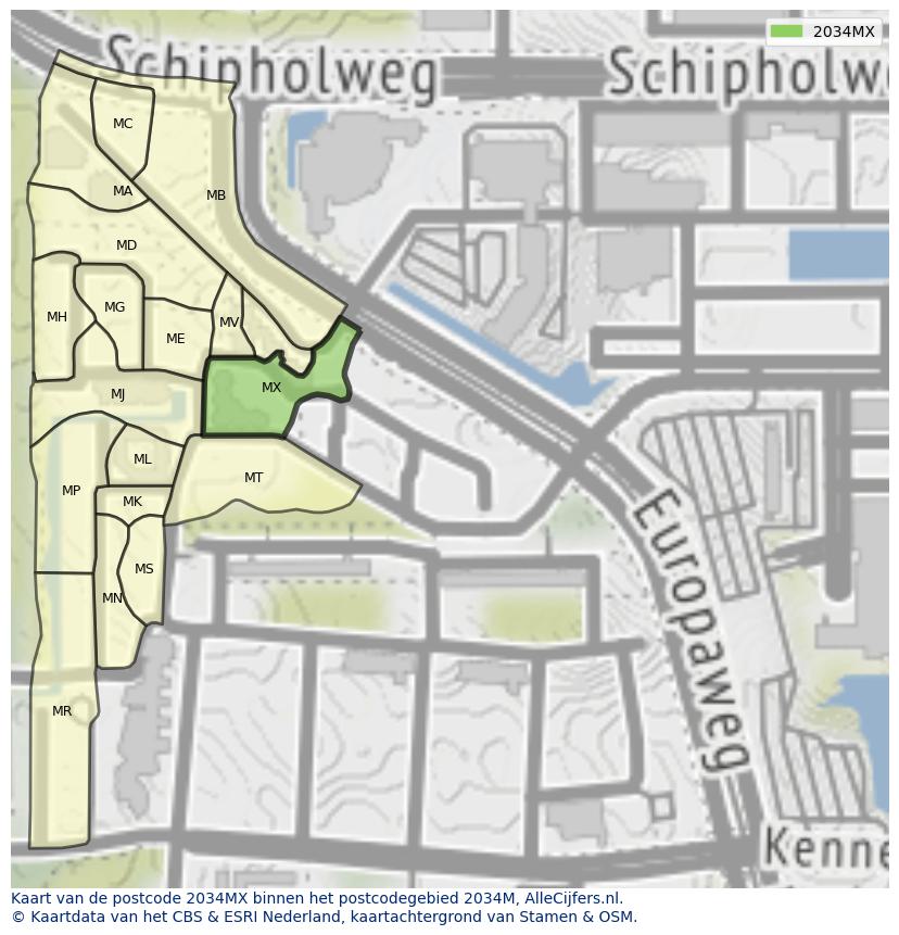 Afbeelding van het postcodegebied 2034 MX op de kaart.