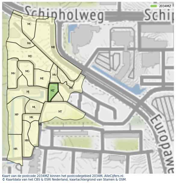 Afbeelding van het postcodegebied 2034 MZ op de kaart.
