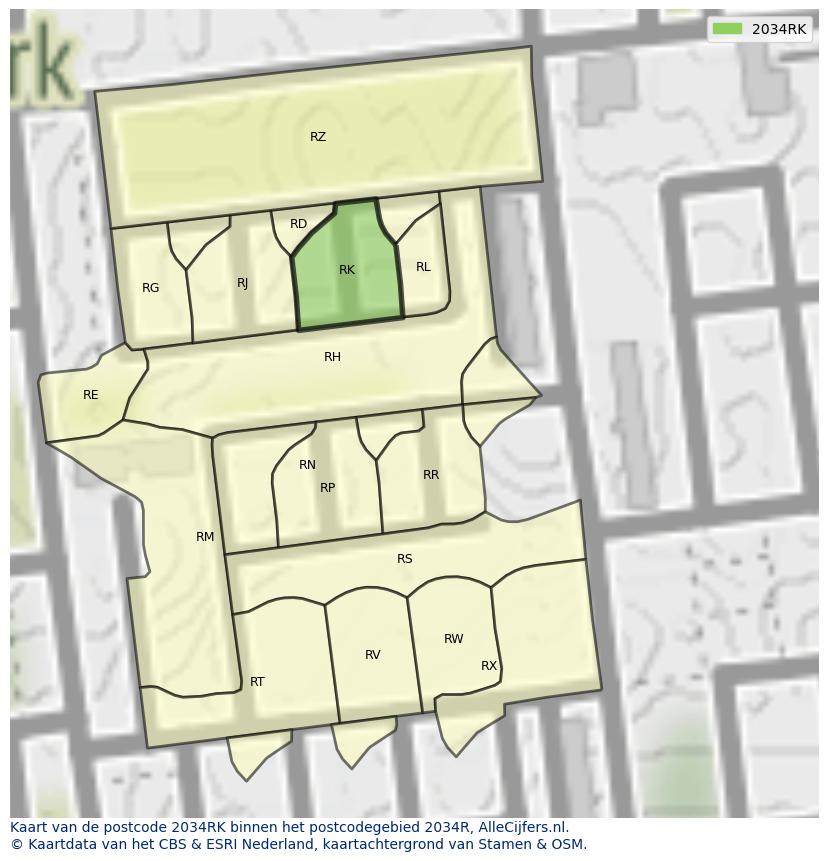 Afbeelding van het postcodegebied 2034 RK op de kaart.