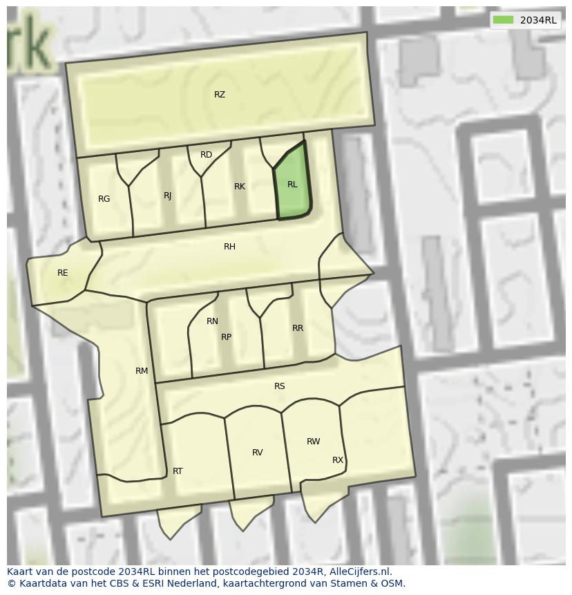 Afbeelding van het postcodegebied 2034 RL op de kaart.