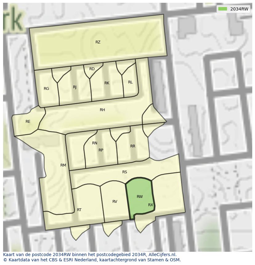 Afbeelding van het postcodegebied 2034 RW op de kaart.