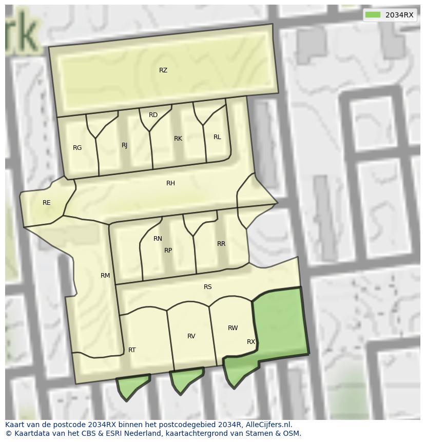 Afbeelding van het postcodegebied 2034 RX op de kaart.