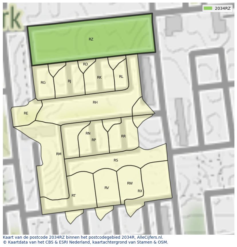 Afbeelding van het postcodegebied 2034 RZ op de kaart.
