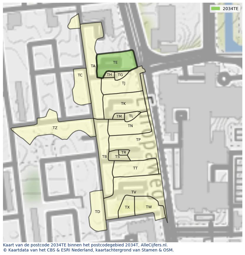 Afbeelding van het postcodegebied 2034 TE op de kaart.