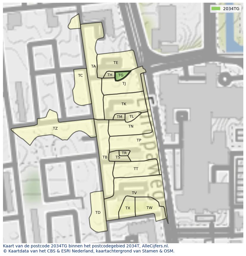 Afbeelding van het postcodegebied 2034 TG op de kaart.
