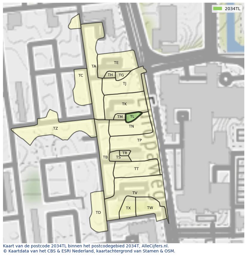 Afbeelding van het postcodegebied 2034 TL op de kaart.