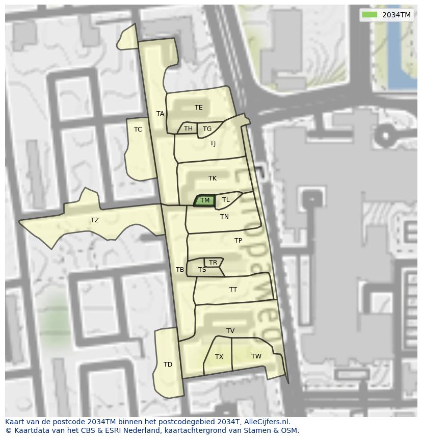 Afbeelding van het postcodegebied 2034 TM op de kaart.