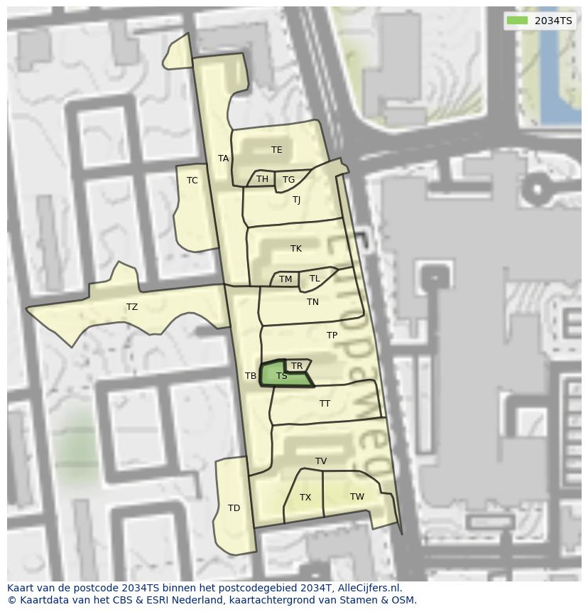Afbeelding van het postcodegebied 2034 TS op de kaart.